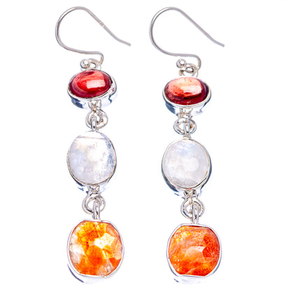 Premium Sunstone, Rainbow Moonstone, Garnet Earrings 2 1/4" (.925 Sterling Silver)