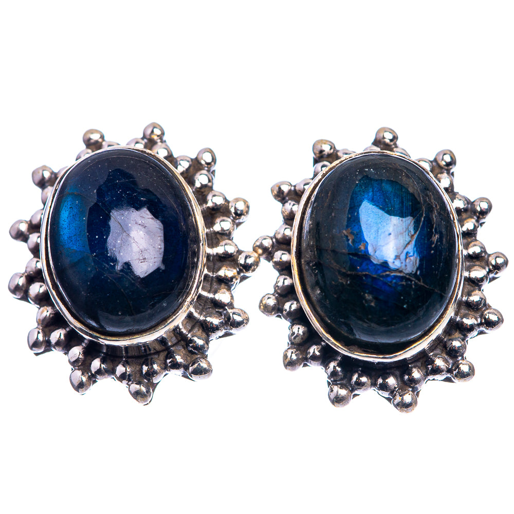 Labradorite dainty earrings with oval blue labradorite and round 925 silver bead border