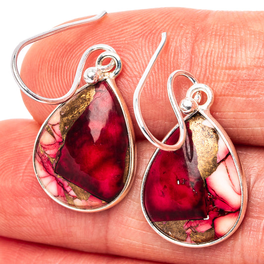 Teardrop red gemstone earrings with pink veining, gold specks, and sterling silver hooks