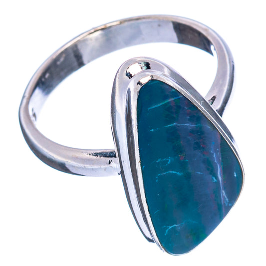 Sterling silver opal doublet ring with bezel-set blue-green oval stone, side view