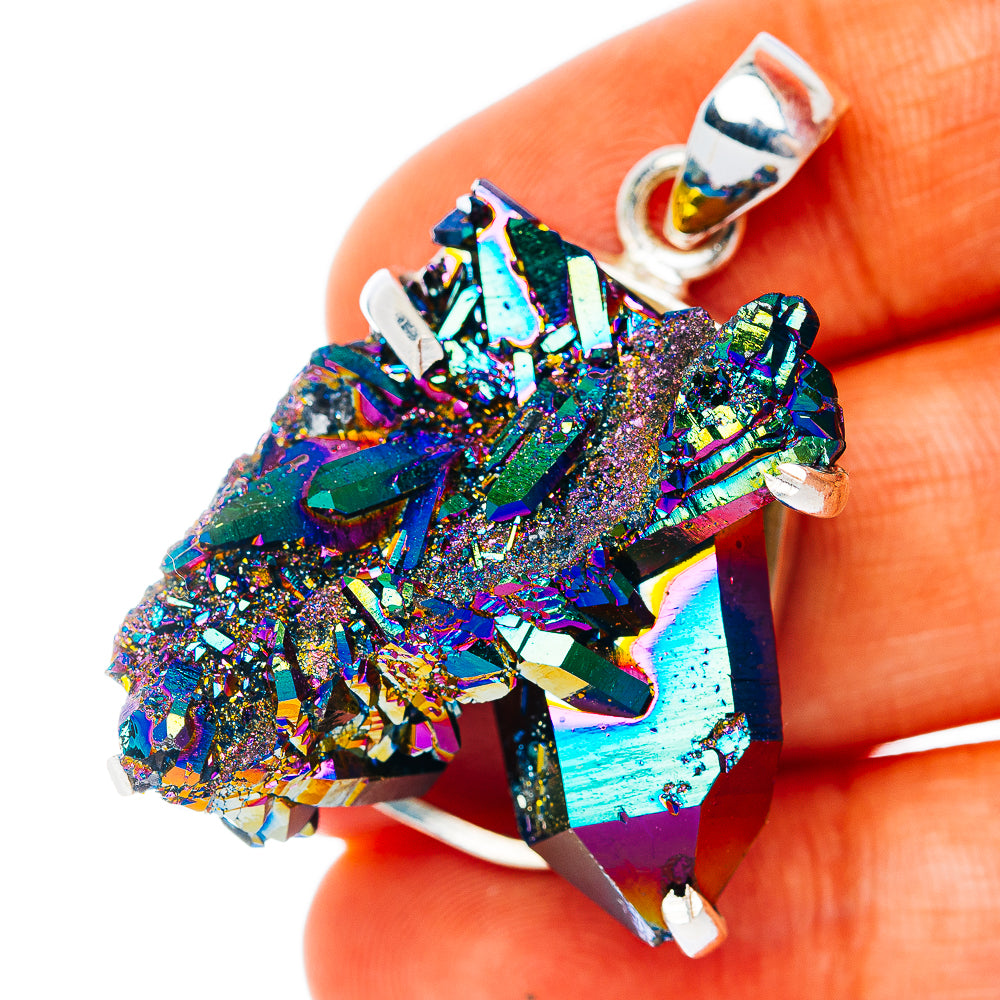 Iridescent aura quartz pendant with .925 sterling silver bail, multicolor crystal cluster