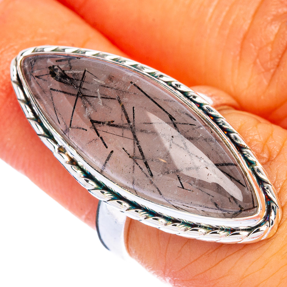 Tourmalinated quartz ring in 925 sterling silver, marquise bezel with dark needle inclusions