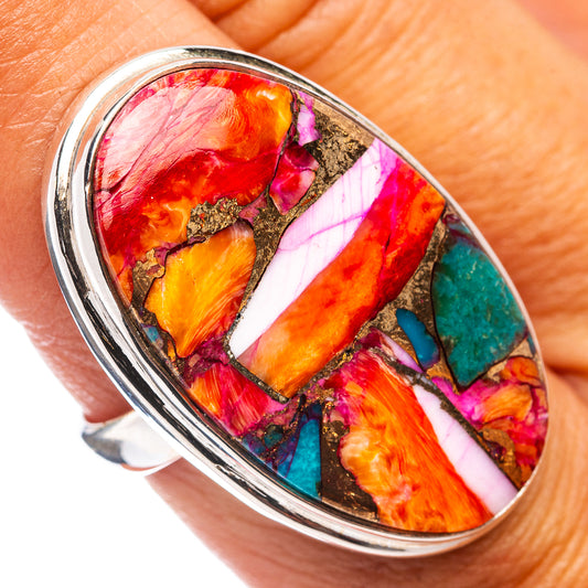 Oval mosaic gemstone ring with pink, orange, turquoise, and white in sterling silver