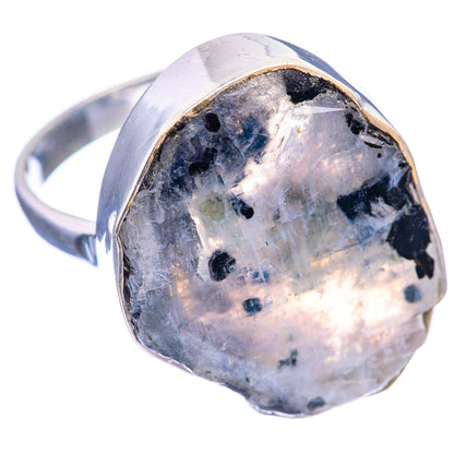 Sterling silver moonstone ring with iridescent blue-gray stone and black inclusions