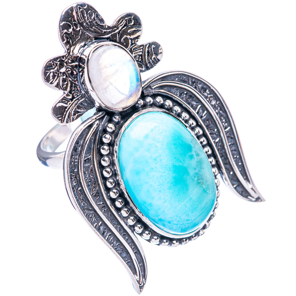 925 sterling silver ring with oval blue and white stones, detailed filigree setting