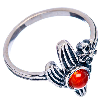 Sterling silver cactus ring with red carnelian cabochon on open band, flower at top
