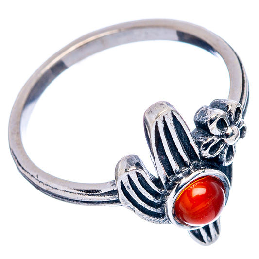 Sterling silver cactus ring with red carnelian cabochon on open band, flower at top