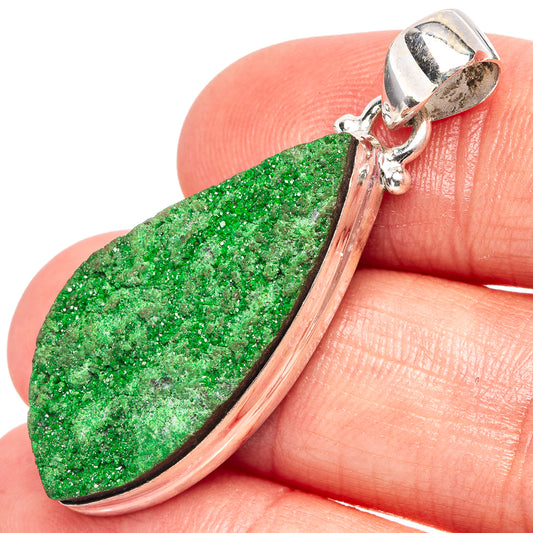 Sterling silver pendant with green druzy teardrop gemstone, bezel-style frame