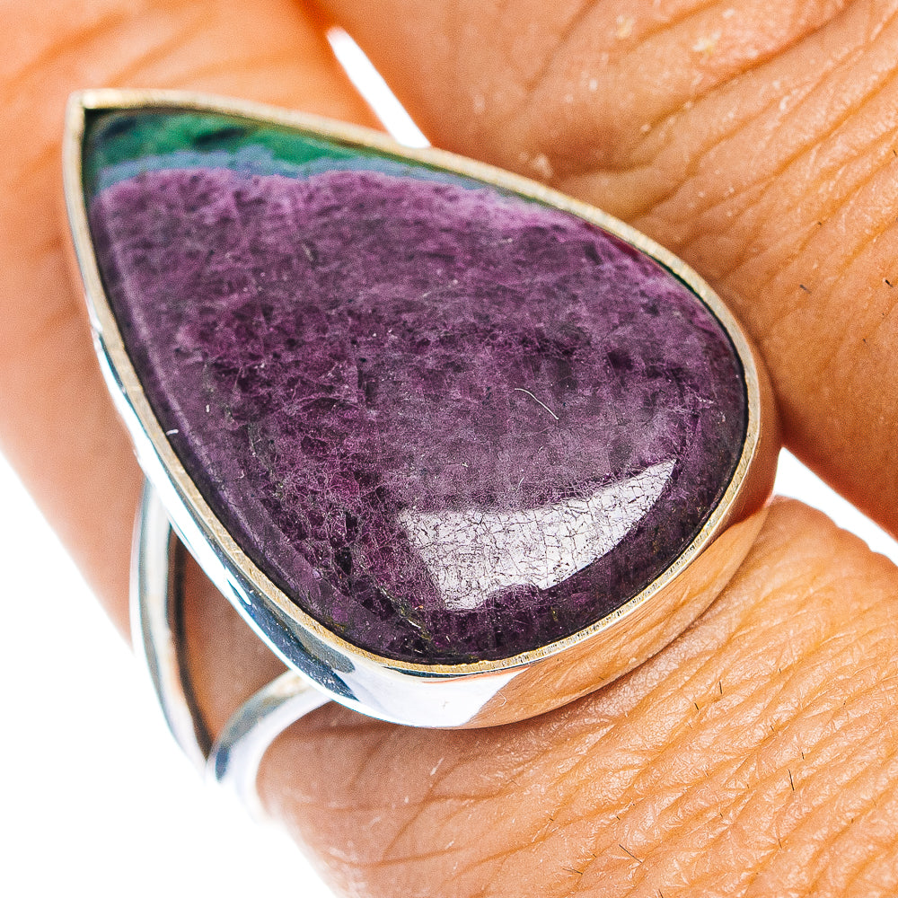 Teardrop gemstone ring with purple ruby-in-zoisite stone in silver bezel, size 8.5