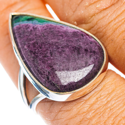 Teardrop gemstone ring with purple ruby-in-zoisite stone in silver bezel, size 8.5