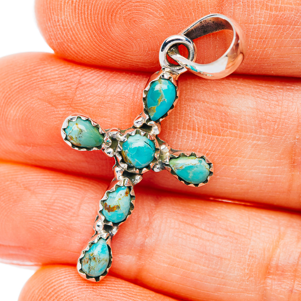 Southwestern Style Kingman Turquoise Cross Pendant 1 1/2" (.925 Sterling Silver)