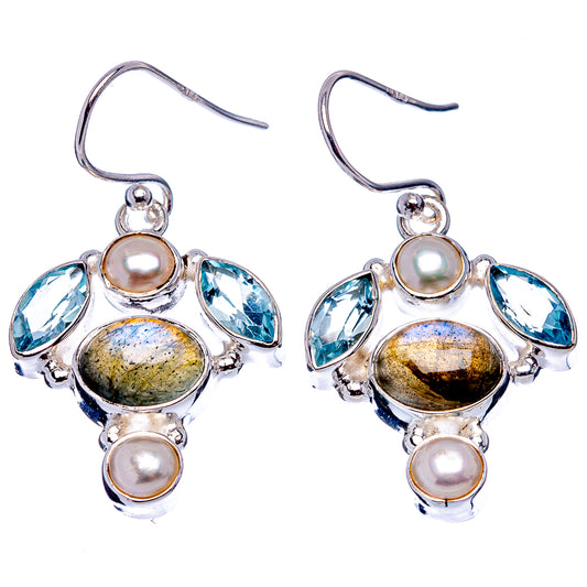 Sterling silver drop earrings with labradorite center, blue topaz, and pearl accents