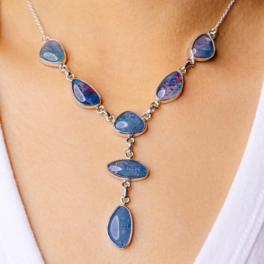 Blue opal teardrop pendant necklace with 925 sterling silver chain and oval links