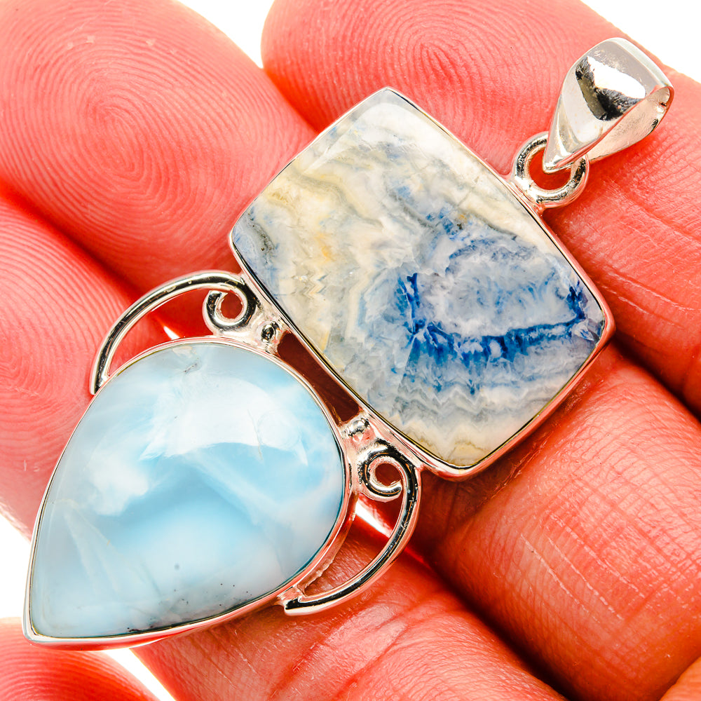 Sterling silver pendant with rectangular blue-and-white and teardrop light-blue stones