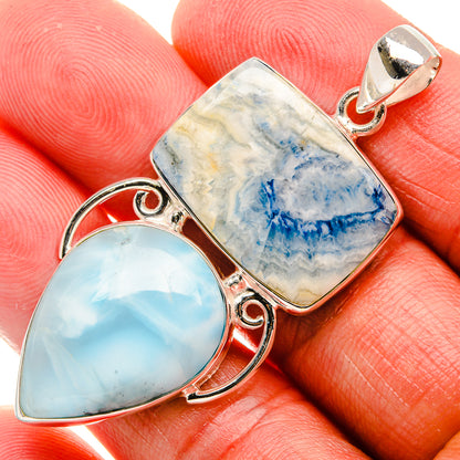 Sterling silver pendant with rectangular blue-and-white and teardrop light-blue stones