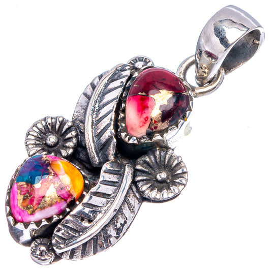 Sterling silver pendant with red oval stone and multicolor teardrop inlay, floral cutouts, top bail