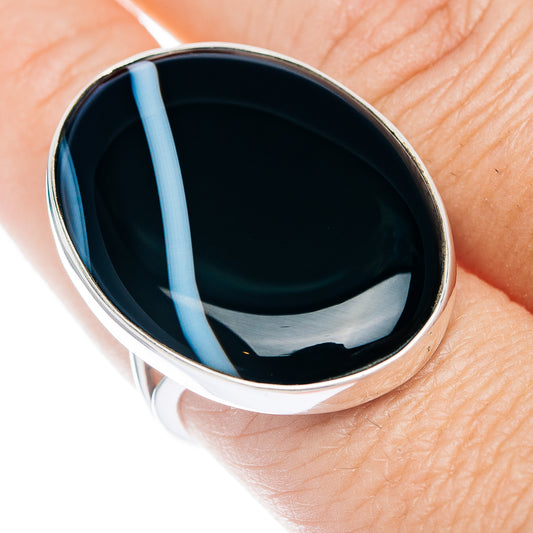 Oval black agate band ring, .925 sterling silver bezel, glossy black center