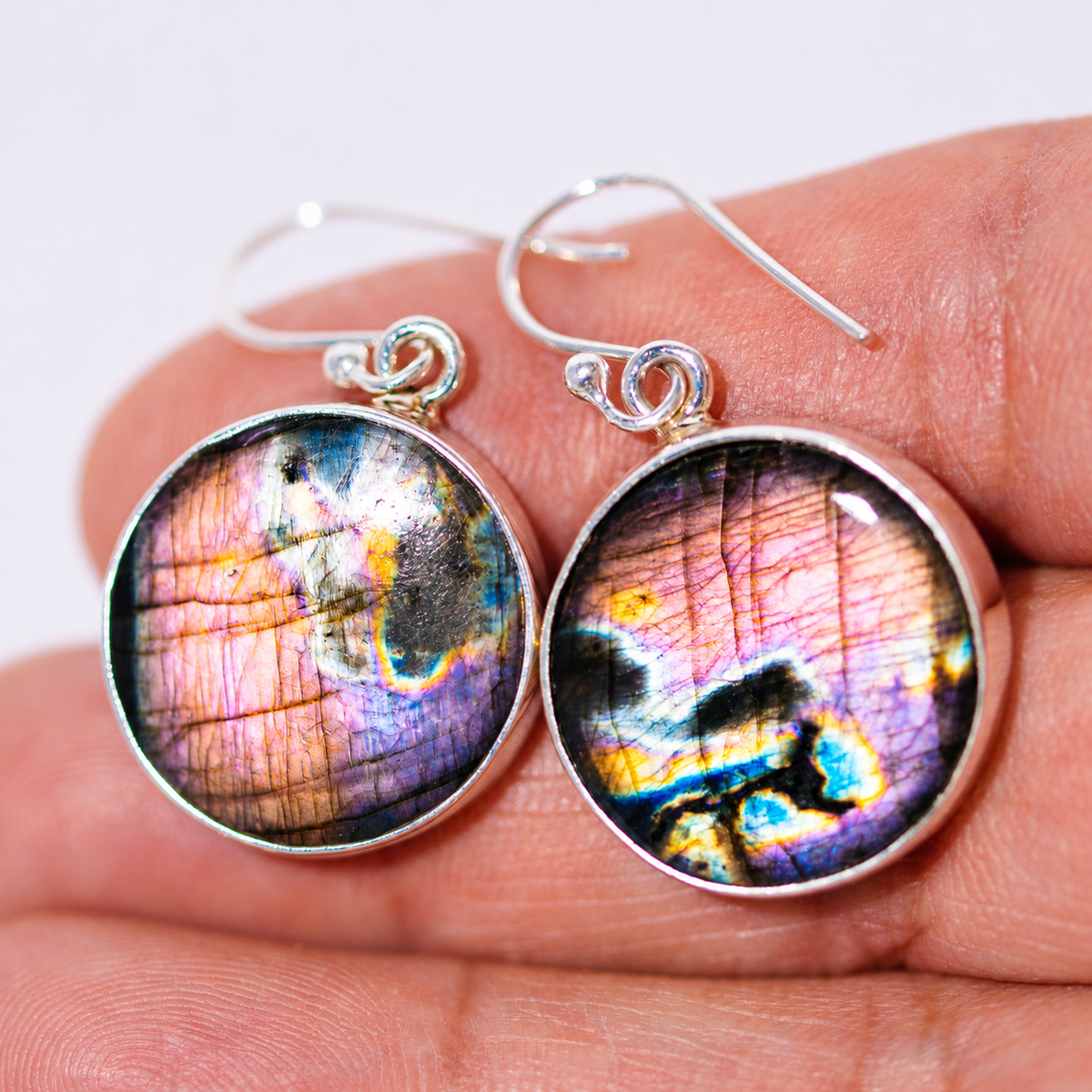 Premium Spectrolite Earrings 1 1/2" (.925 Sterling Silver)