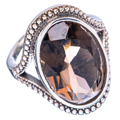 Smoky quartz oval ring with 925 sterling silver beaded frame, size 6, side view