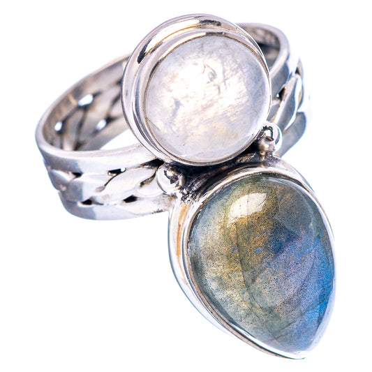 Sterling silver openwork band ring with oval moonstone top and labradorite bottom
