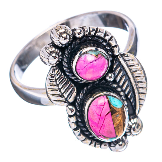 Antiqued silver ring with owl motif and two oval cabochons: pink center, turquoise side