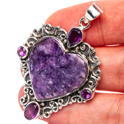 Signature Charoite Heart, Brazilian Amethyst Pendant 1 7/8" (.925 Sterling Silver)