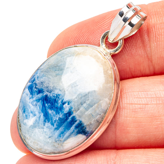 Oval blue-and-white gemstone pendant with silver bail, .925 sterling silver