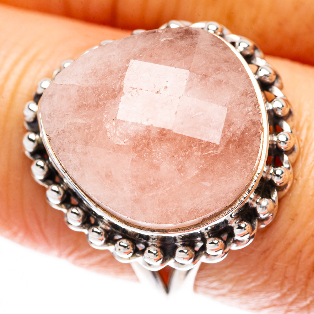 Oval morganite ring with pink gemstone and beaded sterling silver halo, size 8