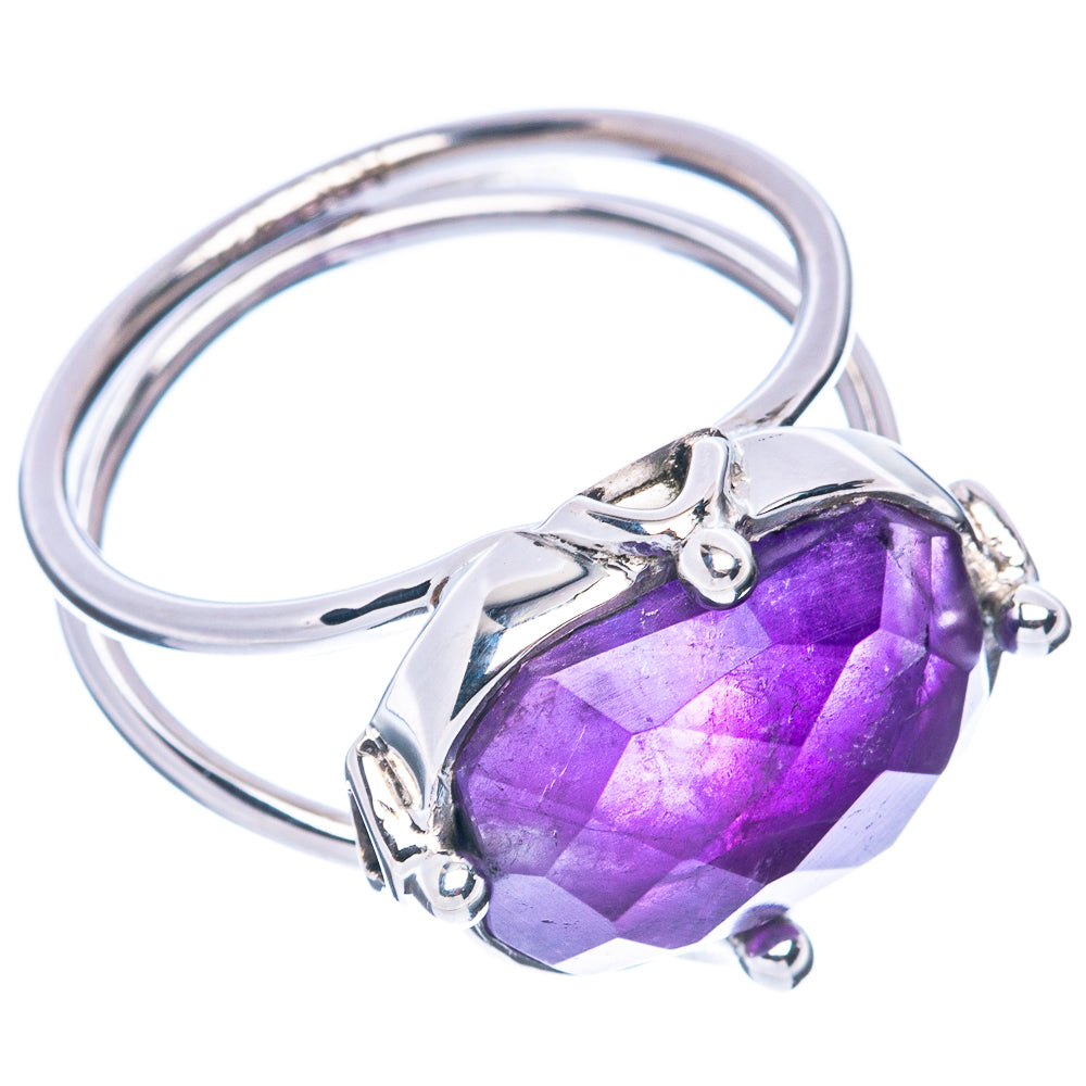 Sterling silver amethyst ring with oval faceted purple stone, side view