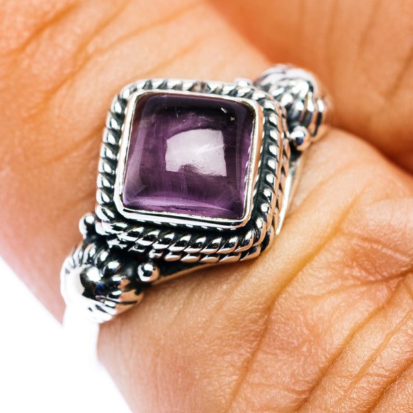 925 sterling silver amethyst ring, square purple gemstone in ornate bezel