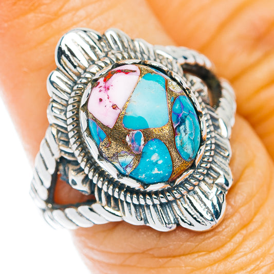 Southwestern Style Pink Dahlia Turquoise Ring Size 6.75 (.925 Sterling Silver)
