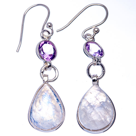 925 sterling silver amethyst and moonstone drop earrings, purple ovals and teardrop bottoms
