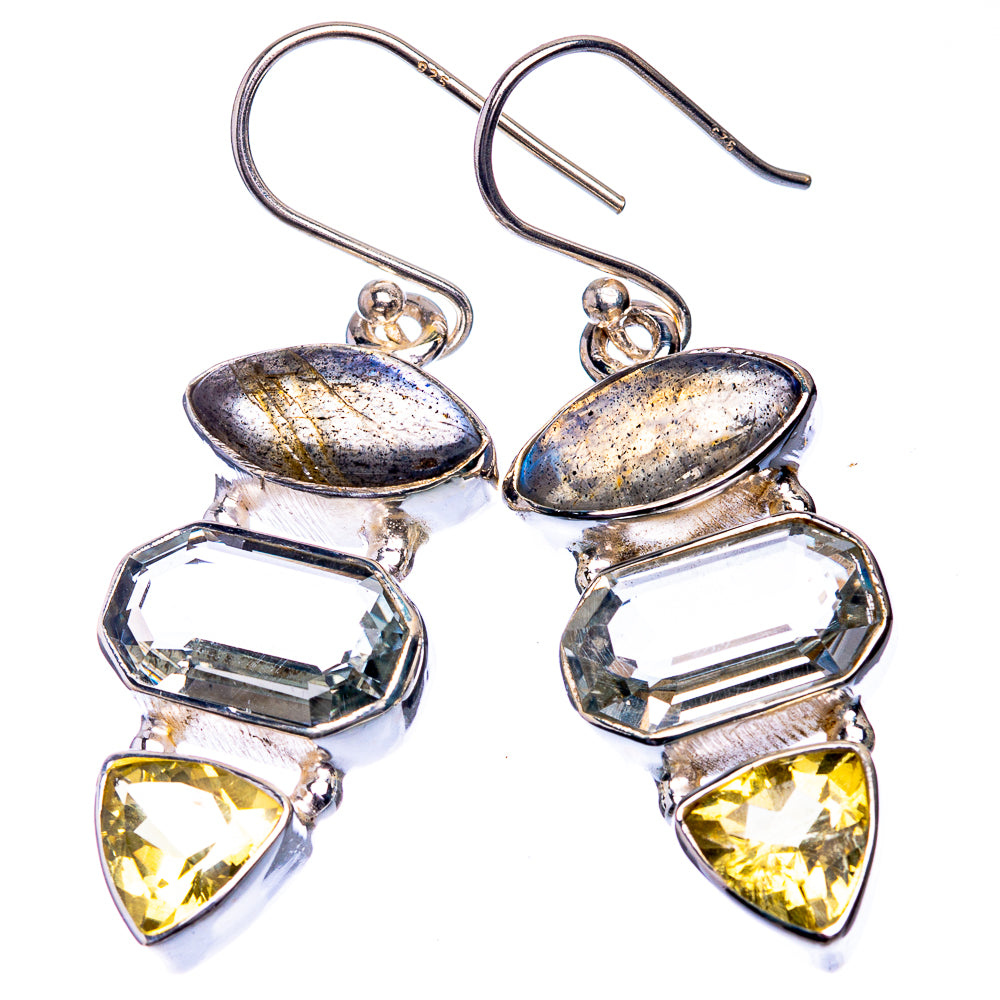 Sterling silver gemstone drop earrings with oval purple, clear rectangle and yellow triangle stones
