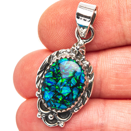 Exclusive Southwestern Style Mosaic Opal Pendant 1 3/8" (.925 Sterling Silver)
