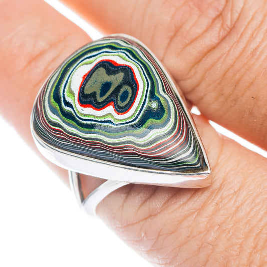 Sterling silver teardrop fordite ring with swirling black, green, red, white bands