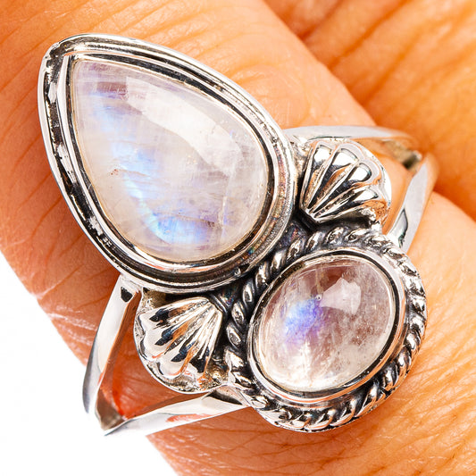 925 sterling silver moonstone ring with teardrop rainbow stones, size 8.75