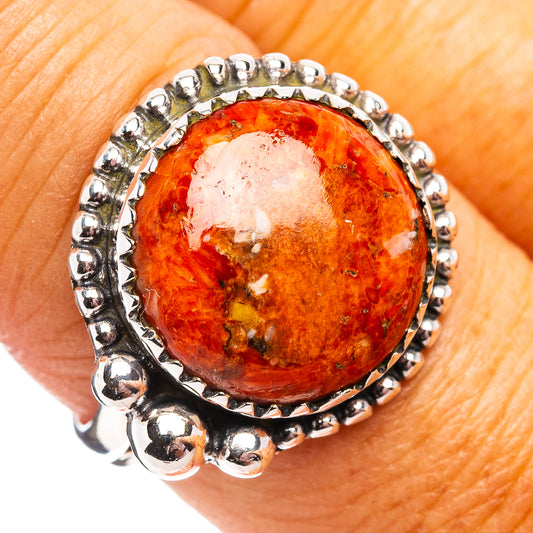 Size 8 sterling silver ring with round orange sponge coral cabochon and beaded edge