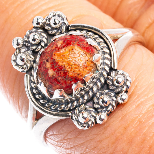 Sterling silver sponge coral ring, size 8, ornate bezel with red oval cabochon