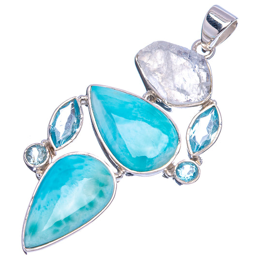 Sterling silver pendant with three aqua teardrop gemstones and small round blue accents
