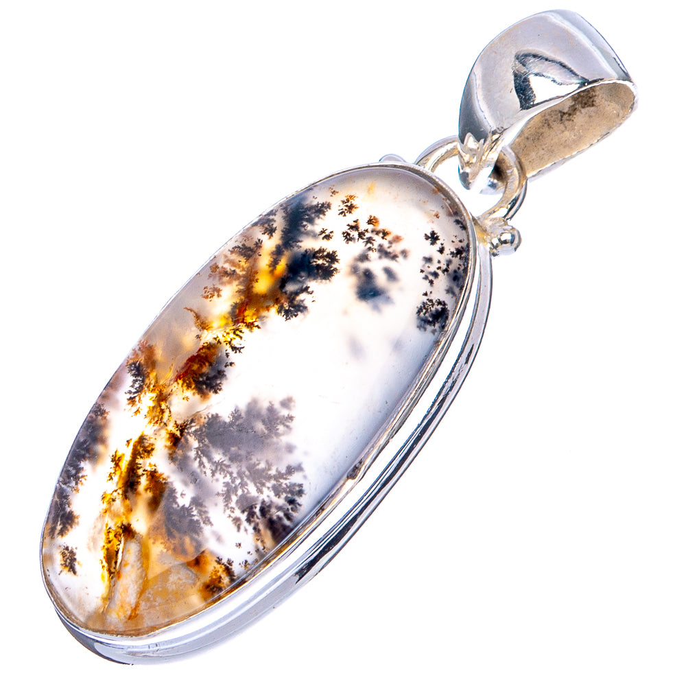 Dendritic agate pendant, oval sterling silver frame with white stone and gold-gray dendrites