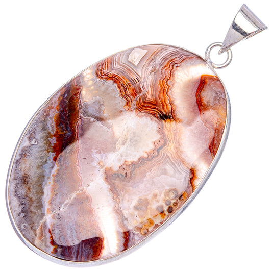 Silver-plated teardrop agate pendant with white, red, and brown lace bands and bail.