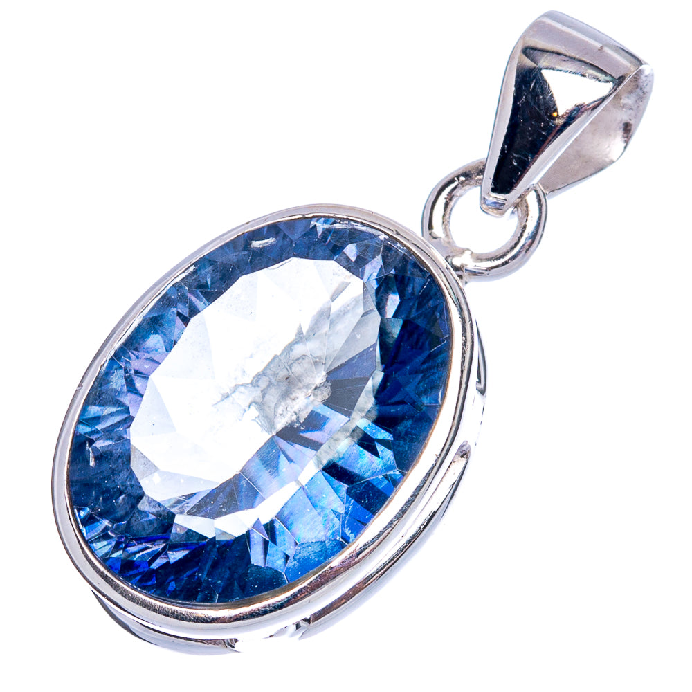 Oval blue gemstone pendant in sterling silver setting with open top bail, side view