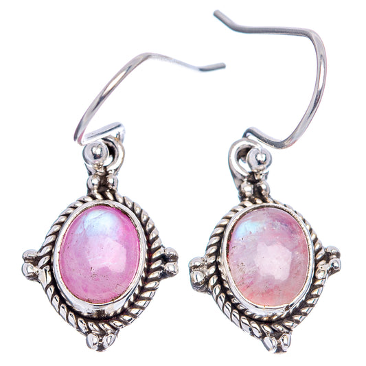 Pink moonstone drop earrings, oval cabochon in .925 sterling silver
