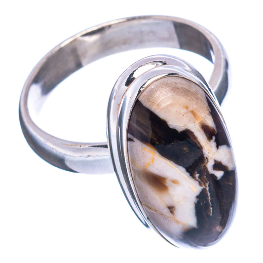 Sterling silver oval jasper statement ring with black-and-cream stone setting, side view