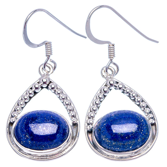 Pair of lapis lazuli teardrop earrings in .925 sterling silver with ornate beaded rim