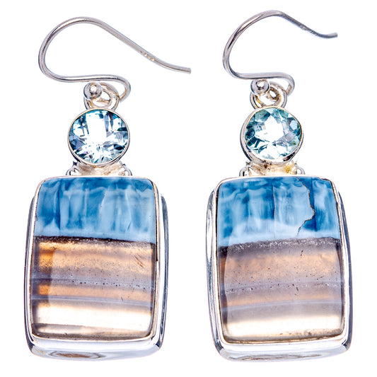 Sterling silver earrings with round blue topaz and blue opal rectangle drops