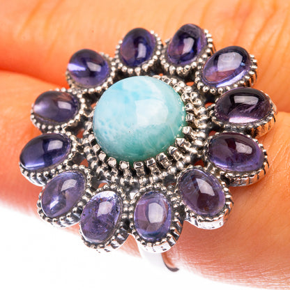 Sterling silver oval Larimar center ring with blue-violet oval gemstones around