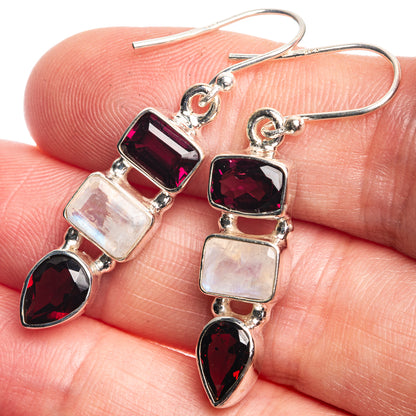 Rainbow Moonstone, Garnet Earrings 1 5/8" (925 Sterling Silver) E432480