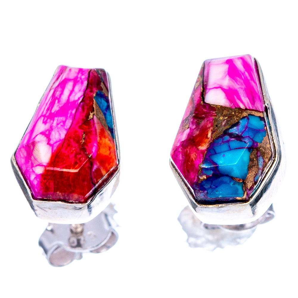 Multicolor spiny oyster stud earrings, faceted teardrop stones in silver settings
