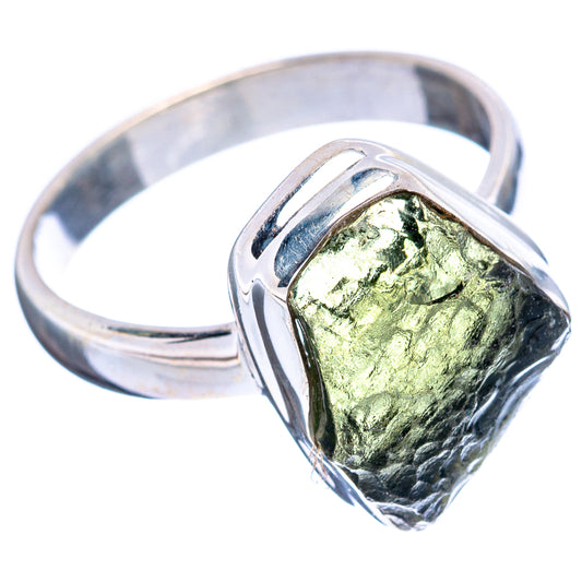 Sterling silver moldavite ring with faceted green stone bezel